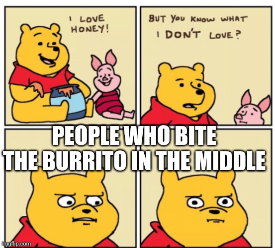 Winnie the Pooh but you know what I don’t like | PEOPLE WHO BITE THE BURRITO IN THE MIDDLE | image tagged in winnie the pooh but you know what i don t like | made w/ Imgflip meme maker