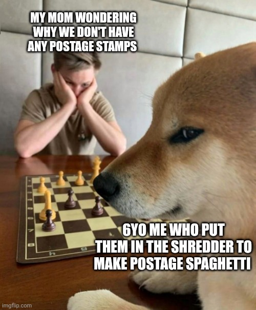 Postage | MY MOM WONDERING WHY WE DON'T HAVE ANY POSTAGE STAMPS; 6YO ME WHO PUT THEM IN THE SHREDDER TO MAKE POSTAGE SPAGHETTI | image tagged in chess doge,spaghetti,postage | made w/ Imgflip meme maker