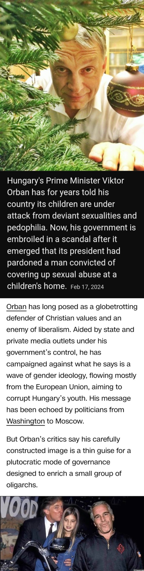 Is far-right authoritarianism anything more than a cover for pedophilia and domestic abuse? | image tagged in president orban,trump and epstein,child abuse,fascism | made w/ Imgflip meme maker