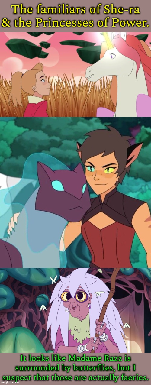 "Mara had a dragon? I want a dragon!" - Adora, forgetting the lizard she accidentally transformed. | The familiars of She-ra & the Princesses of Power. It looks like Madame Razz is surrounded by butterflies, but I suspect that those are actually faeries. | image tagged in swift wind and adora,melog and catra,madame razz,bond,holyspirit | made w/ Imgflip meme maker