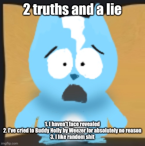 bro is in South Park | 2 truths and a lie; 1. I haven't face revealed
2. I've cried to Buddy Holly by Weezer for absolutely no reason
3. I like random shit | image tagged in bro is in south park | made w/ Imgflip meme maker