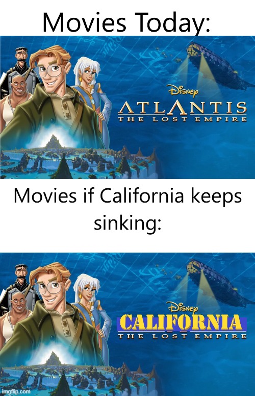 The Lost State of California: Coming soon to theaters near you | image tagged in atlantis,california,lost,empire,sinking | made w/ Imgflip meme maker