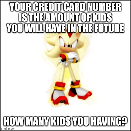 Super Shadow | YOUR CREDIT CARD NUMBER IS THE AMOUNT OF KIDS YOU WILL HAVE IN THE FUTURE; HOW MANY KIDS YOU HAVING? | image tagged in super shadow | made w/ Imgflip meme maker