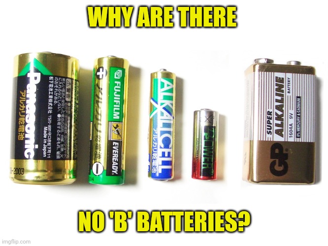 Alkaline Batteries | WHY ARE THERE; NO 'B' BATTERIES? | image tagged in alkaline batteries | made w/ Imgflip meme maker
