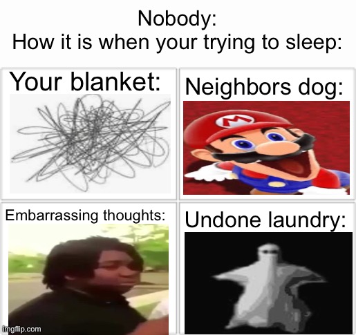 I can’t sleep. | Nobody:
How it is when your trying to sleep:; Your blanket:; Neighbors dog:; Embarrassing thoughts:; Undone laundry: | image tagged in 4 horsemen,memes | made w/ Imgflip meme maker