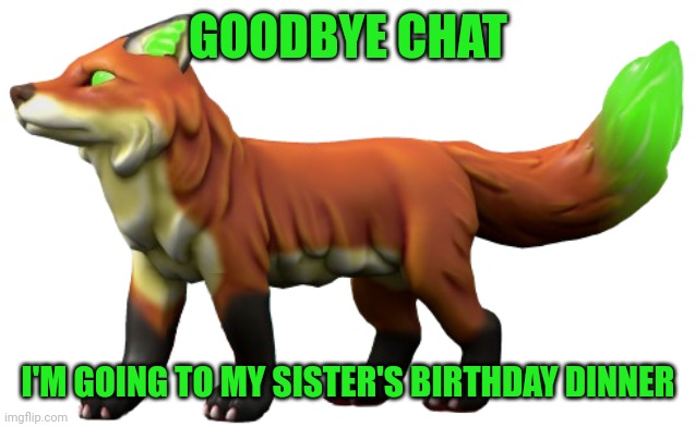 GOODBYE CHAT; I'M GOING TO MY SISTER'S BIRTHDAY DINNER | image tagged in teumessia | made w/ Imgflip meme maker