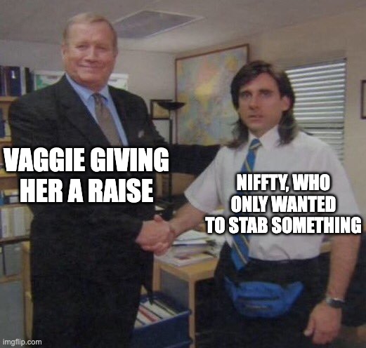 the office congratulations | VAGGIE GIVING HER A RAISE; NIFFTY, WHO ONLY WANTED TO STAB SOMETHING | image tagged in the office congratulations,hazbin hotel | made w/ Imgflip meme maker