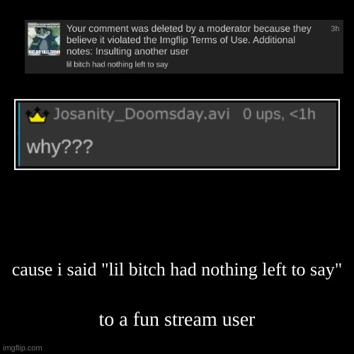 fun users being sensitive | cause i said "lil bitch had nothing left to say" | to a fun stream user | image tagged in funny,demotivationals | made w/ Imgflip demotivational maker