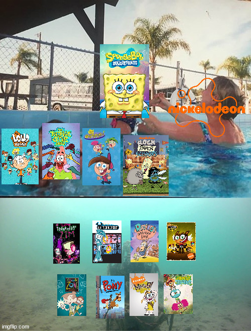 """Nickelodeon has so much variety.""" | image tagged in mother ignoring kid drowning in a pool,nickelodeon,cartoons,tv | made w/ Imgflip meme maker