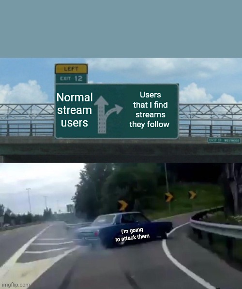 Left Exit 12 Off Ramp | Normal stream users; Users that I find streams they follow; I'm going to attack them | image tagged in memes,left exit 12 off ramp | made w/ Imgflip meme maker