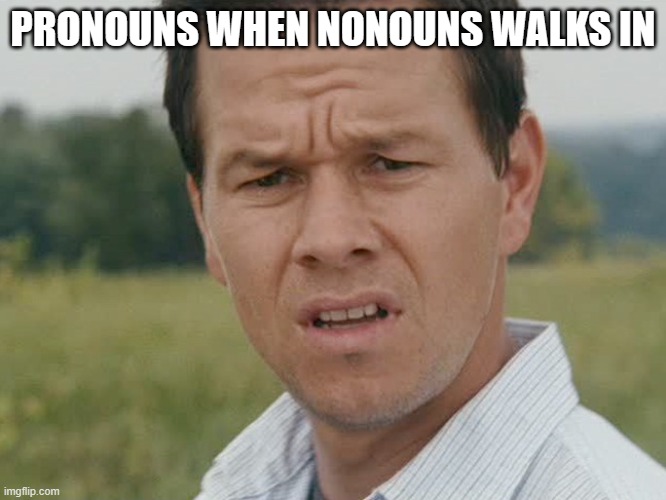 Huh  | PRONOUNS WHEN NONOUNS WALKS IN | image tagged in huh | made w/ Imgflip meme maker