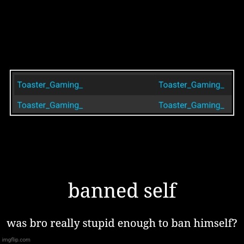 banned self | was bro really stupid enough to ban himself? | image tagged in funny,demotivationals | made w/ Imgflip demotivational maker