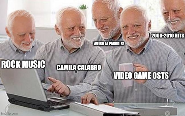 Hide the pain Harold group project | ROCK MUSIC CAMILA CALABRO 2000-2010 HITS VIDEO GAME OSTS WEIRD AL PARODIES | image tagged in hide the pain harold group project | made w/ Imgflip meme maker