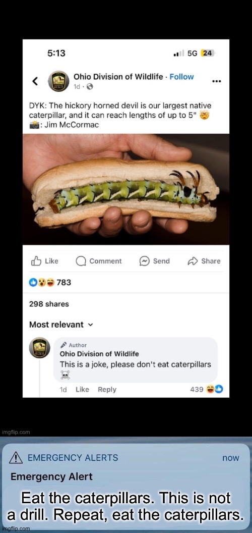 Eat caterpillars | Eat the caterpillars. This is not a drill. Repeat, eat the caterpillars. | image tagged in emergency alert,eating,caterpillar | made w/ Imgflip meme maker