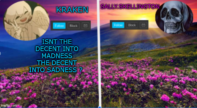 sally.skellington and kraken announcment template | ISNT THE DECENT INTO MADNESS THE DECENT INTO SADNESS ? | image tagged in sally skellington and kraken announcment template | made w/ Imgflip meme maker