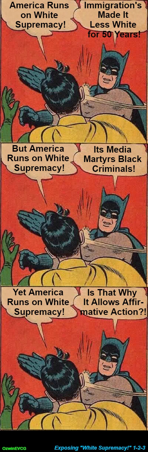 Exposing "White Supremacy!" 1-2-3 [NV] | Immigration's 

Made It 

Less White 

for 50 Years! America Runs 

on White 

Supremacy! But America 

Runs on White 

Supremacy! Its Media 

Martyrs Black 

Criminals! Yet America 

Runs on White 

Supremacy! Is That Why 

It Allows Affir-

mative Action?! Exposing "White Supremacy!" 1-2-3; OzwinEVCG | image tagged in bogus,antiwhite,narratives,white supremacy,batman slapping robin,liberal logic | made w/ Imgflip meme maker