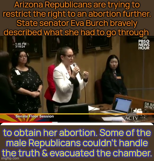 What would James Carville say about her? | Arizona Republicans are trying to
restrict the right to an abortion further.
State senator Eva Burch bravely
described what she had to go through; to obtain her abortion. Some of the
male Republicans couldn't handle
the truth & evacuated the chamber. | image tagged in womens rights,misogyny,you'll never understand my pain,scaredy cat,how tough are ya,run for your life | made w/ Imgflip meme maker