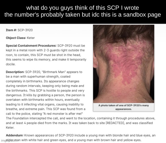 what do you guys think of this SCP I wrote
the number's probably taken but idc this is a sandbox page | made w/ Imgflip meme maker