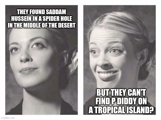 THEY FOUND SADDAM HUSSEIN IN A SPIDER HOLE IN THE MIDDLE OF THE DESERT; BUT THEY CAN'T FIND P DIDDY ON A TROPICAL ISLAND? | image tagged in funny memes | made w/ Imgflip meme maker