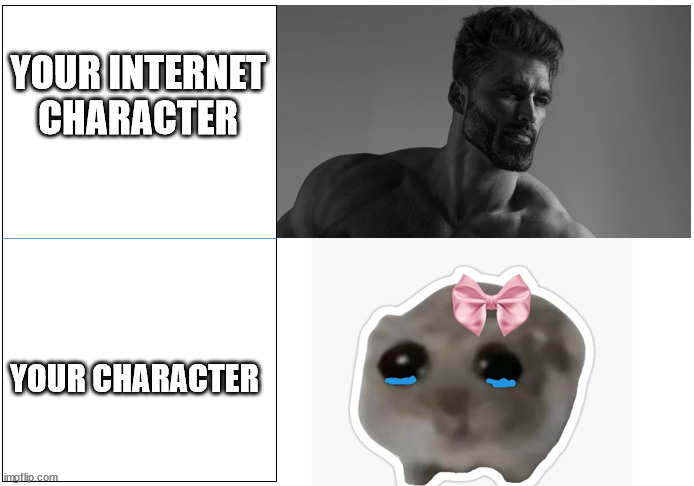Internet vs reality | YOUR INTERNET CHARACTER; YOUR CHARACTER | image tagged in gigachad vs sad hamster | made w/ Imgflip meme maker