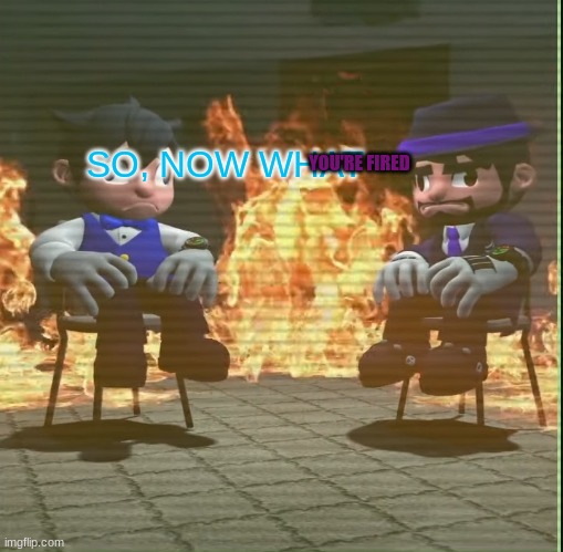 Your job interview went on a waste | SO, NOW WHAT; YOU'RE FIRED | image tagged in smg4 and smg3 staying in fire | made w/ Imgflip meme maker