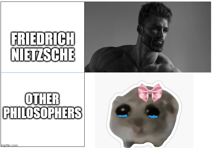 Nietzsche vs other philosophers | FRIEDRICH NIETZSCHE; OTHER PHILOSOPHERS | image tagged in gigachad vs sad hamster | made w/ Imgflip meme maker