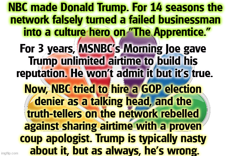 NBC's hiring Ronna McDaniel was an olive branch to Trump. As usual, he was a complete pig. | NBC made Donald Trump. For 14 seasons the 
network falsely turned a failed businessman 
into a culture hero on "The Apprentice."; For 3 years, MSNBC's Morning Joe gave 
Trump unlimited airtime to build his 
reputation. He won't admit it but it's true. Now, NBC tried to hire a GOP election 
denier as a talking head, and the 
truth-tellers on the network rebelled 
against sharing airtime with a proven 
coup apologist. Trump is typically nasty 
about it, but as always, he's wrong. | image tagged in trump,nbc,msnbc,romney,republican,coup | made w/ Imgflip meme maker