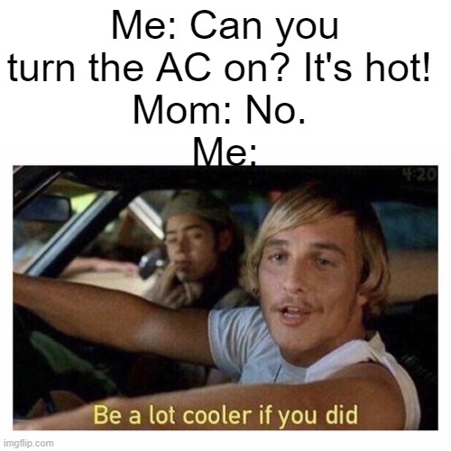 Be a lot cooler if you did | Me: Can you turn the AC on? It's hot! 
Mom: No. 
Me: | image tagged in be a lot cooler if you did,front page plz,funny memes,antimeme,mom,air conditioner | made w/ Imgflip meme maker