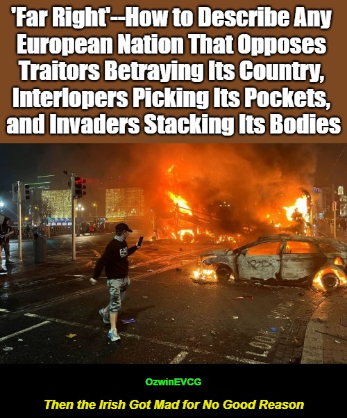 Then the Irish Got Mad for No Good Reason [NV] | 'Far Right'--How to Describe Any 

European Nation That Opposes 

Traitors Betraying Its Country, 

Interlopers Picking Its Pockets, 

and Invaders Stacking Its Bodies; OzwinEVCG; Then the Irish Got Mad for No Good Reason | image tagged in government corruption,sellouts,msm lies,invasion of ireland,backlash,liberal logic | made w/ Imgflip meme maker