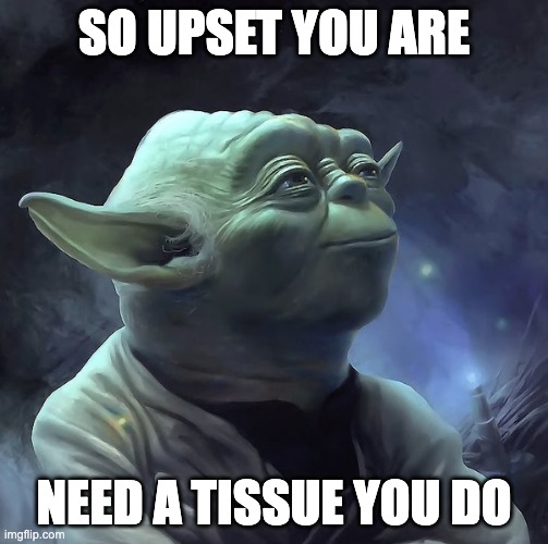 So upset your are. Need a tissue you do | SO UPSET YOU ARE; NEED A TISSUE YOU DO | image tagged in star wars yoda | made w/ Imgflip meme maker