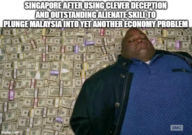 They be swimmin' | SINGAPORE AFTER USING CLEVER DECEPTION AND OUTSTANDING ALIENATE SKILL TO PLUNGE MALAYSIA INTO YET ANOTHER ECONOMY PROBLEM | image tagged in huell money,singapore | made w/ Imgflip meme maker