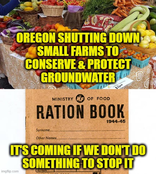 Control food supply | OREGON SHUTTING DOWN
SMALL FARMS TO
CONSERVE & PROTECT
GROUNDWATER; IT'S COMING IF WE DON'T DO
SOMETHING TO STOP IT | image tagged in globalism | made w/ Imgflip meme maker