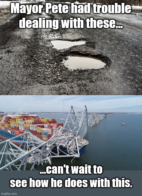 'Pothole' Pete is on the job. | Mayor Pete had trouble dealing with these... ...can't wait to see how he does with this. | made w/ Imgflip meme maker
