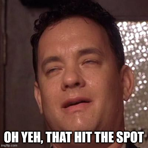 Tom Hanks Orgasm | OH YEH, THAT HIT THE SPOT | image tagged in tom hanks orgasm | made w/ Imgflip meme maker