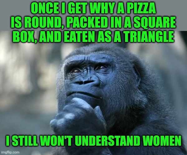 Deep Thoughts | ONCE I GET WHY A PIZZA IS ROUND, PACKED IN A SQUARE BOX, AND EATEN AS A TRIANGLE; I STILL WON'T UNDERSTAND WOMEN | image tagged in deep thoughts | made w/ Imgflip meme maker