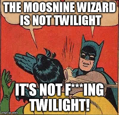 Batman Slapping Robin | THE MOOSNINE WIZARD IS NOT TWILIGHT IT'S NOT F***ING TWILIGHT! | image tagged in memes,batman slapping robin | made w/ Imgflip meme maker