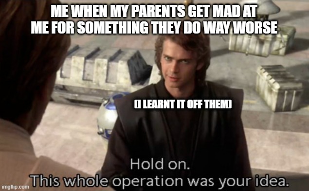 It's so unfair | ME WHEN MY PARENTS GET MAD AT ME FOR SOMETHING THEY DO WAY WORSE; (I LEARNT IT OFF THEM) | image tagged in hold on this whole operation was your idea | made w/ Imgflip meme maker