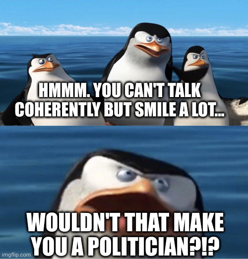 Wouldn't that make you a politician? | HMMM. YOU CAN'T TALK COHERENTLY BUT SMILE A LOT... WOULDN'T THAT MAKE YOU A POLITICIAN?!? | image tagged in wouldn't that make you,politician,memes,penguins of madagascar,smiley,incoherent | made w/ Imgflip meme maker
