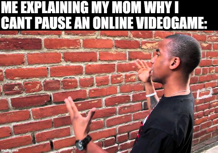 Talking to wall | ME EXPLAINING MY MOM WHY I CANT PAUSE AN ONLINE VIDEOGAME: | image tagged in talking to wall | made w/ Imgflip meme maker