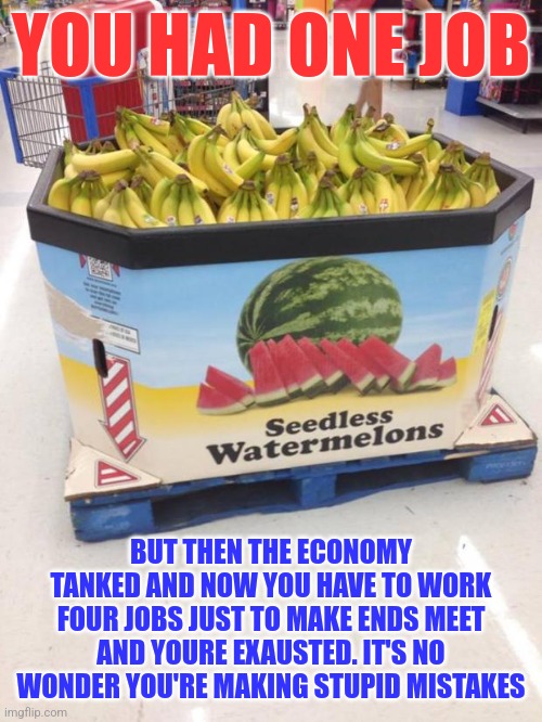 YOU HAD ONE JOB | YOU HAD ONE JOB; BUT THEN THE ECONOMY TANKED AND NOW YOU HAVE TO WORK FOUR JOBS JUST TO MAKE ENDS MEET AND YOURE EXAUSTED. IT'S NO WONDER YOU'RE MAKING STUPID MISTAKES | image tagged in you had one job | made w/ Imgflip meme maker