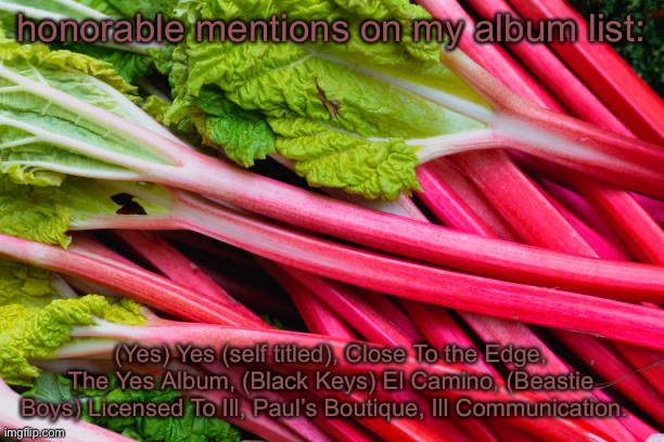 rhubarb | honorable mentions on my album list:; (Yes) Yes (self titled), Close To the Edge, The Yes Album, (Black Keys) El Camino, (Beastie Boys) Licensed To Ill, Paul’s Boutique, Ill Communication. | image tagged in rhubarb | made w/ Imgflip meme maker