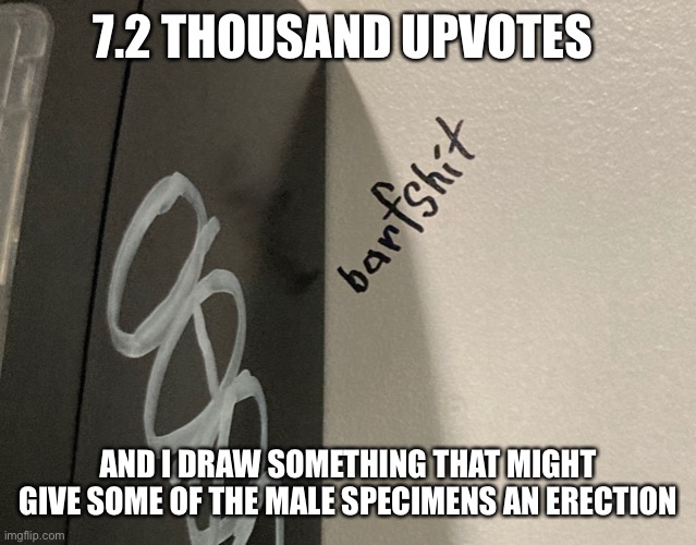 Barfshit | 7.2 THOUSAND UPVOTES; AND I DRAW SOMETHING THAT MIGHT GIVE SOME OF THE MALE SPECIMENS AN ERECTION | image tagged in barfshit | made w/ Imgflip meme maker