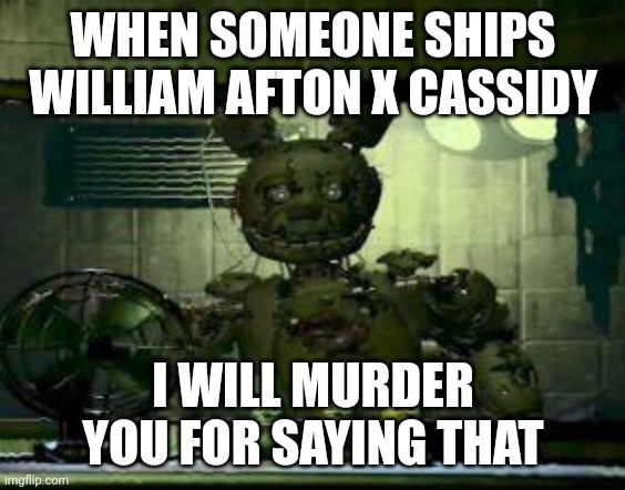 When someone ships William afton x cassidy | WHEN SOMEONE SHIPS WILLIAM AFTON X CASSIDY; I WILL MURDER YOU FOR SAYING THAT | image tagged in fnaf springtrap in window | made w/ Imgflip meme maker