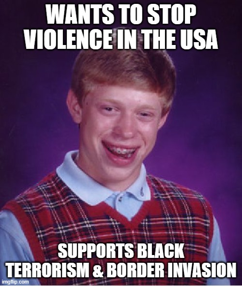 Liberals in a nutshell: | WANTS TO STOP VIOLENCE IN THE USA; SUPPORTS BLACK TERRORISM & BORDER INVASION | image tagged in memes,bad luck brian,politics,dank memes,liberals | made w/ Imgflip meme maker
