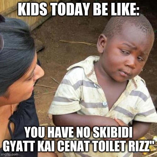 Third World Skeptical Kid | KIDS TODAY BE LIKE:; YOU HAVE NO SKIBIDI GYATT KAI CENAT TOILET RIZZ" | image tagged in memes,third world skeptical kid | made w/ Imgflip meme maker
