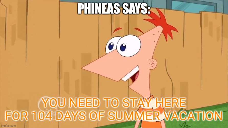 Phineas and Ferb Meme | PHINEAS SAYS:; YOU NEED TO STAY HERE FOR 104 DAYS OF SUMMER VACATION | image tagged in yes phineas | made w/ Imgflip meme maker