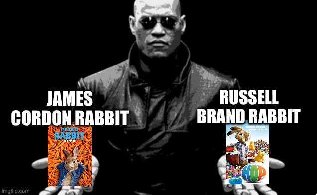 Easter kino | RUSSELL BRAND RABBIT; JAMES CORDON RABBIT | image tagged in morpheus,blue or red pill,matrix,pills | made w/ Imgflip meme maker