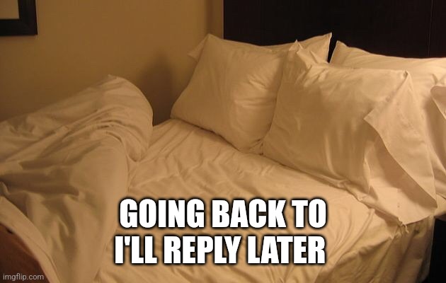 Bed | GOING BACK TO
I'LL REPLY LATER | image tagged in bed | made w/ Imgflip meme maker