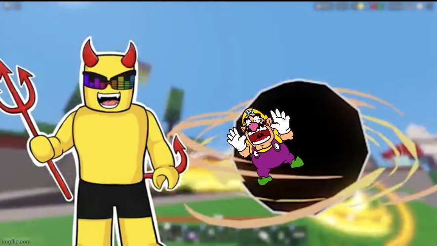 Wario dies after sunny teleports Wario to hell | image tagged in sunny throwing melon into a black hole | made w/ Imgflip meme maker