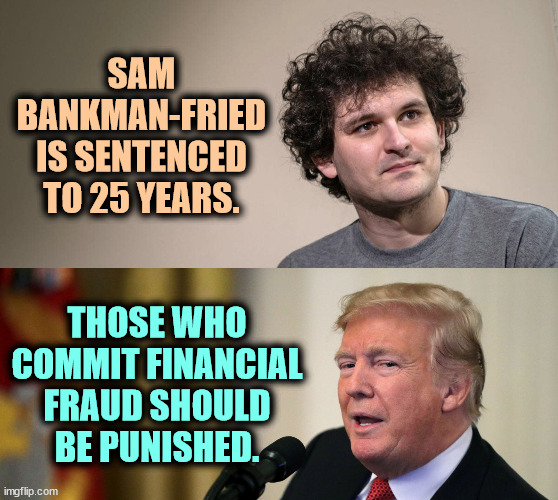 No difference, except Trump was at it longer. | SAM BANKMAN-FRIED IS SENTENCED TO 25 YEARS. THOSE WHO COMMIT FINANCIAL FRAUD SHOULD BE PUNISHED. | image tagged in don the con calculates - trump eye slide,sam bankmanfried,trump,finance,fraud,punishment | made w/ Imgflip meme maker